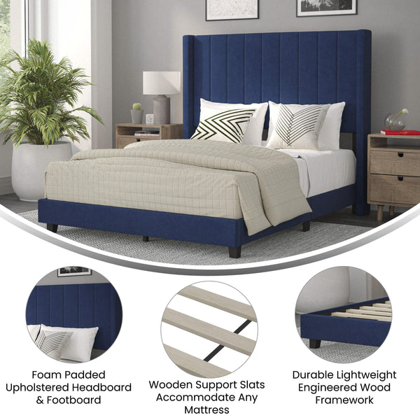 Navy Velvet,Full |#| Full Size Upholstered Platform Bed with Wingback Headboard - Navy Velvet