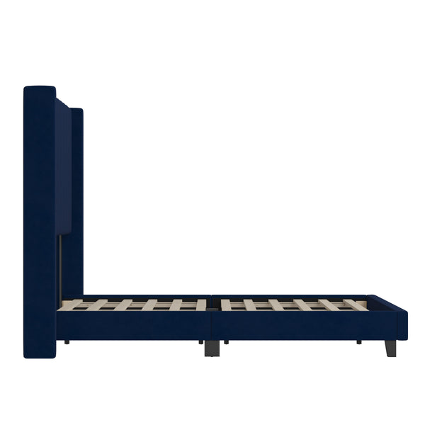 Navy Velvet,Full |#| Full Size Upholstered Platform Bed with Wingback Headboard - Navy Velvet