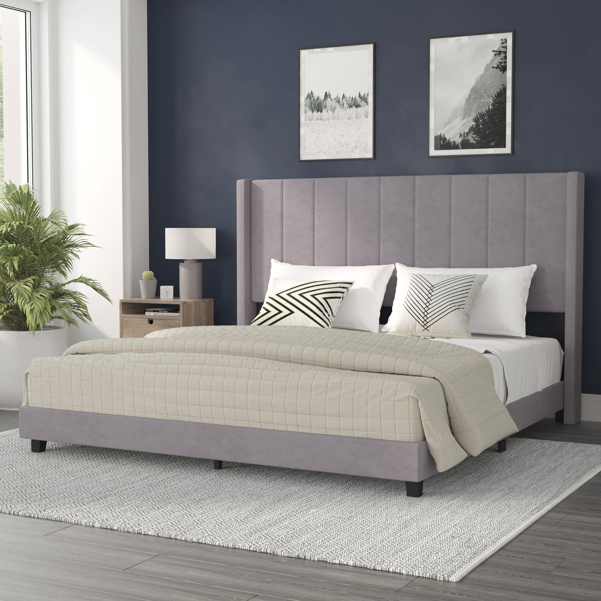 Gray Velvet,King |#| King Size Upholstered Platform Bed with Wingback Headboard - Gray Velvet