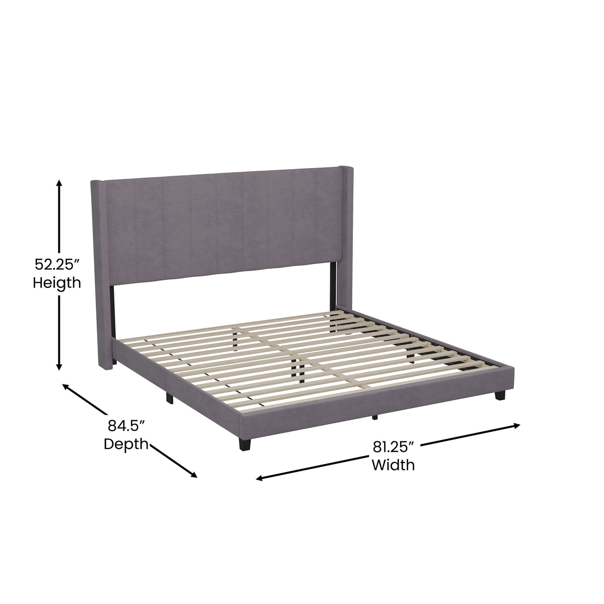 Gray Velvet,King |#| King Size Upholstered Platform Bed with Wingback Headboard - Gray Velvet