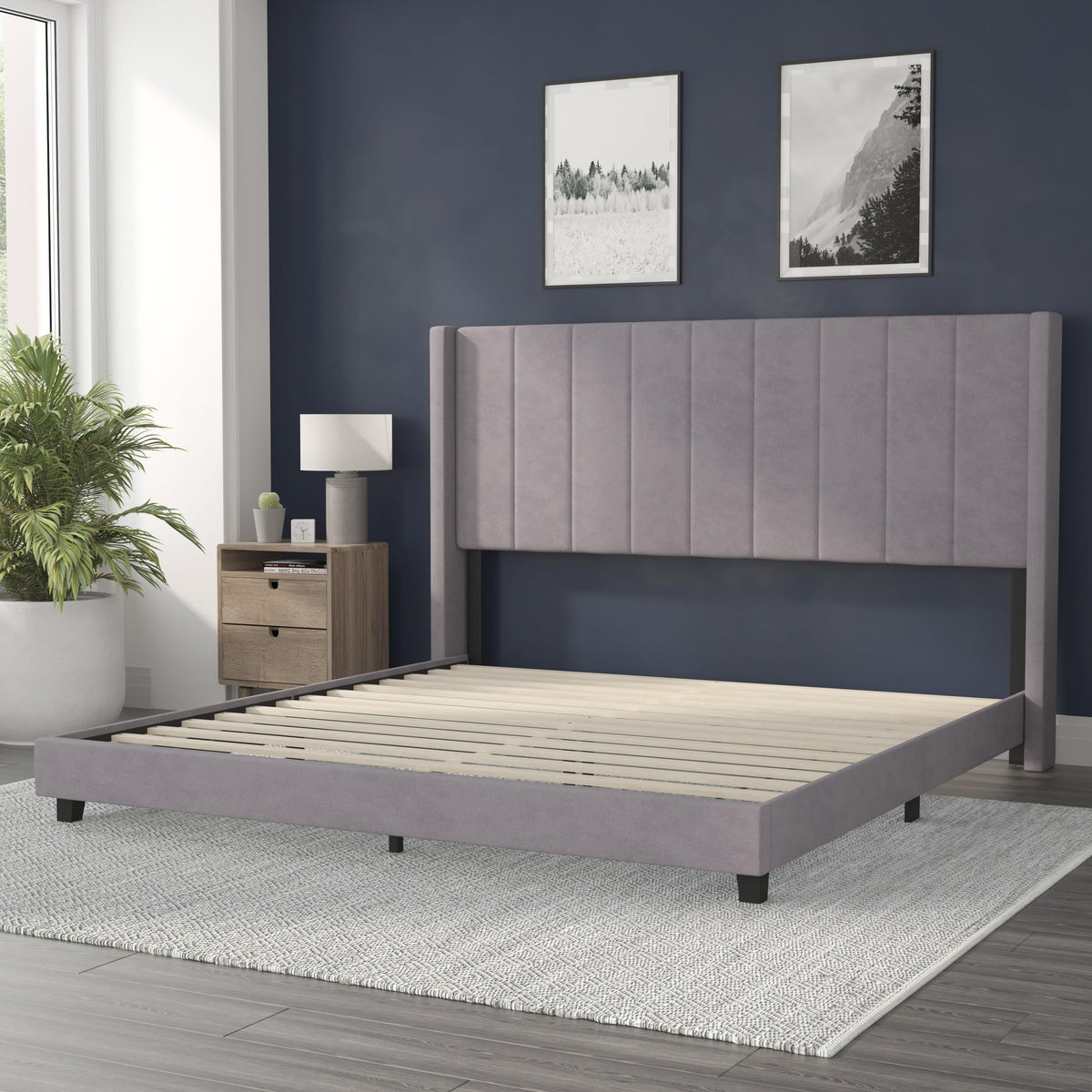 Gray Velvet,King |#| King Size Upholstered Platform Bed with Wingback Headboard - Gray Velvet