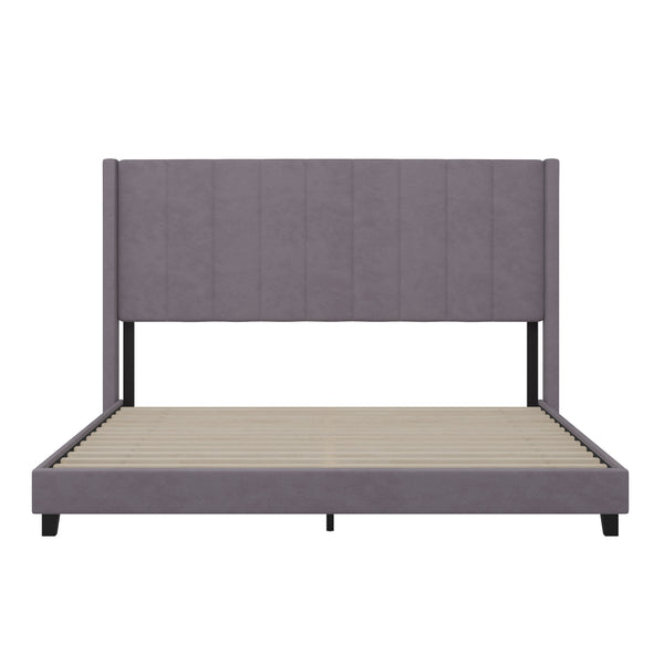 Gray Velvet,King |#| King Size Upholstered Platform Bed with Wingback Headboard - Gray Velvet