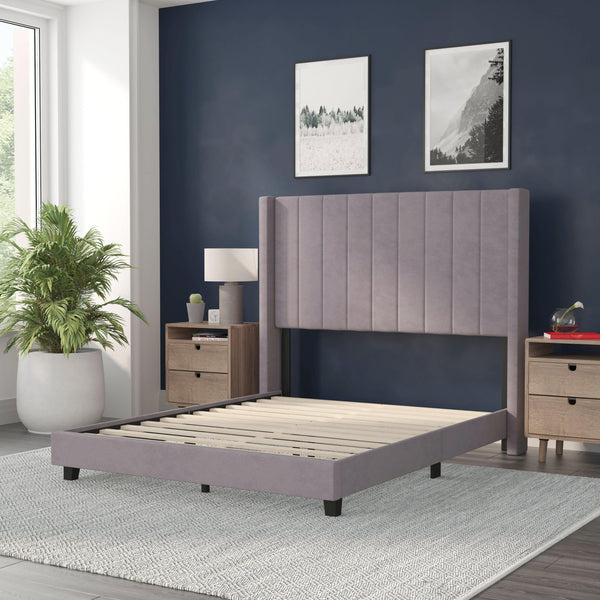 Gray Velvet,Full |#| Full Size Upholstered Platform Bed with Wingback Headboard - Gray Velvet