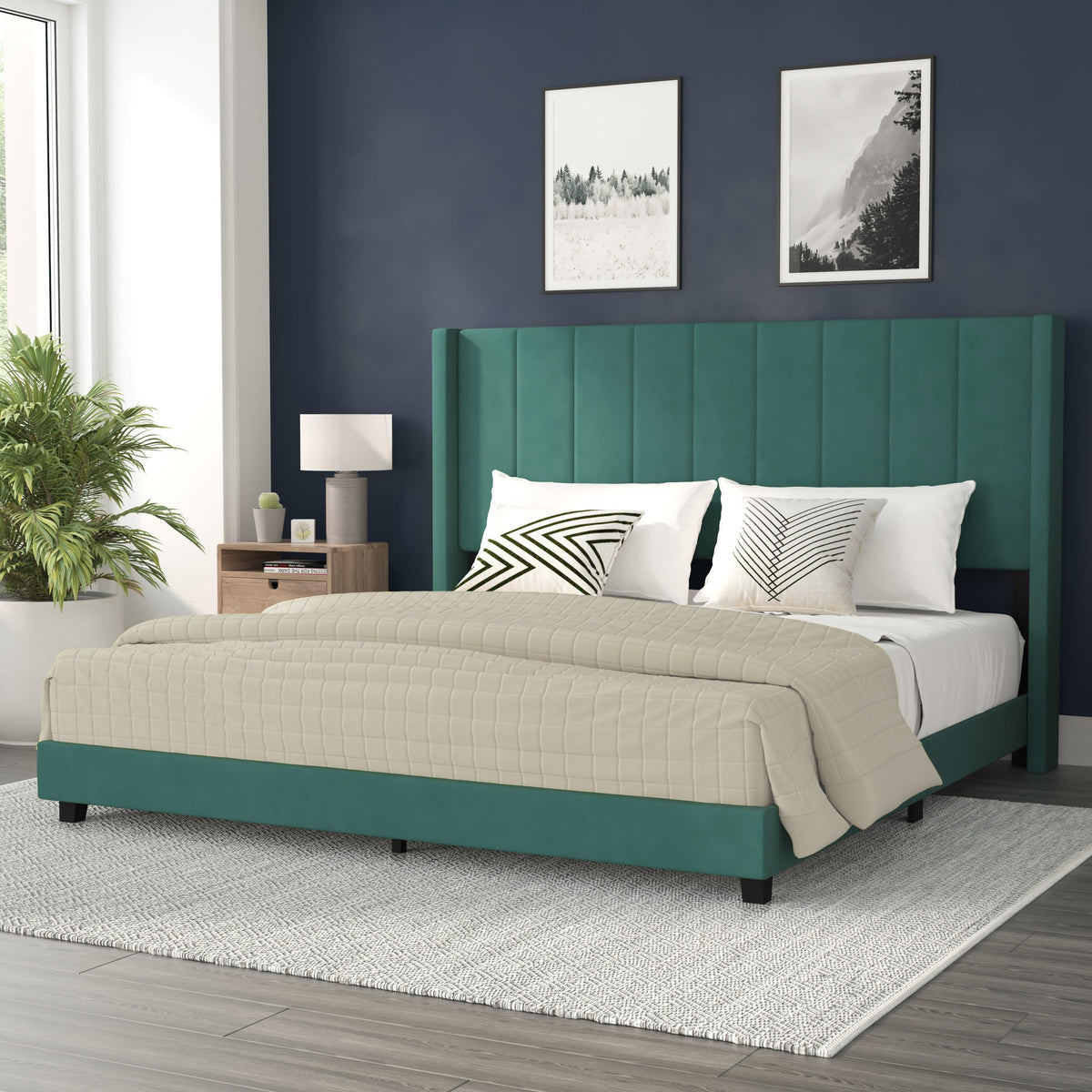 Emerald Velvet,King |#| King Size Upholstered Platform Bed with Wingback Headboard - Emerald Velvet