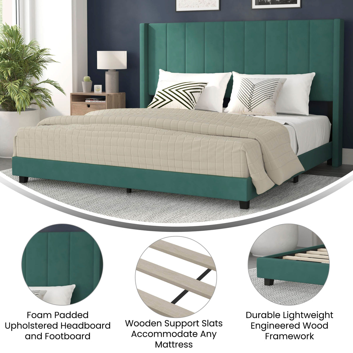 Emerald Velvet,King |#| King Size Upholstered Platform Bed with Wingback Headboard - Emerald Velvet