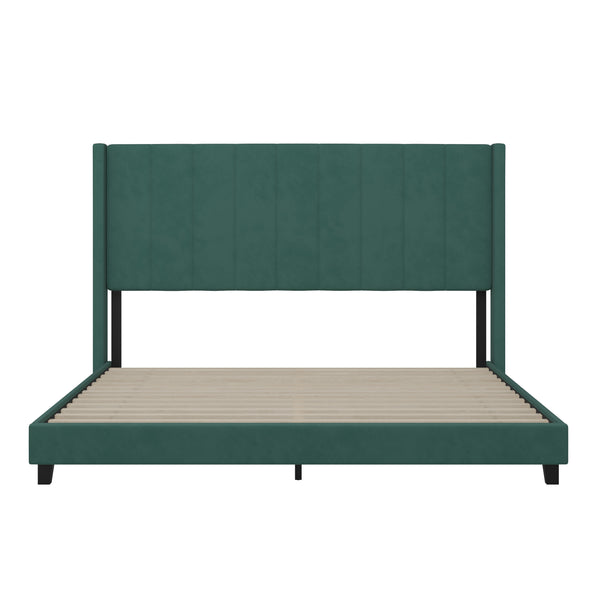 Emerald Velvet,King |#| King Size Upholstered Platform Bed with Wingback Headboard - Emerald Velvet