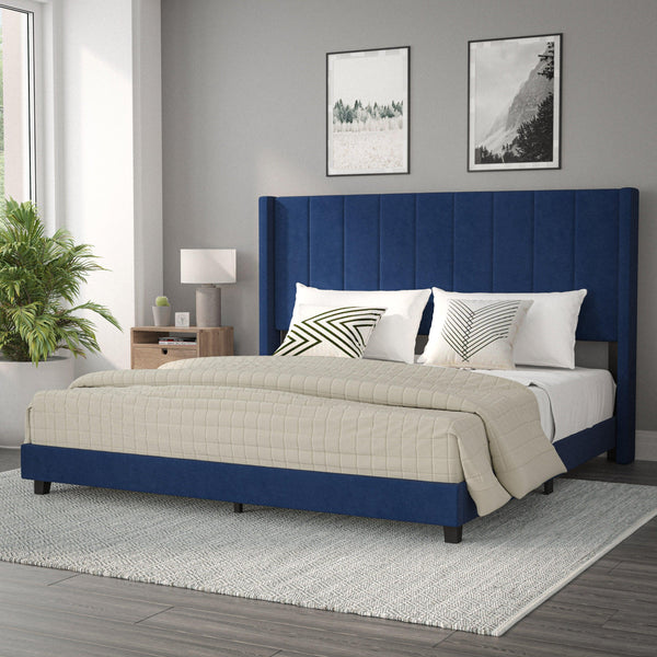 Navy Velvet,King |#| King Size Upholstered Platform Bed with Wingback Headboard - Navy Velvet