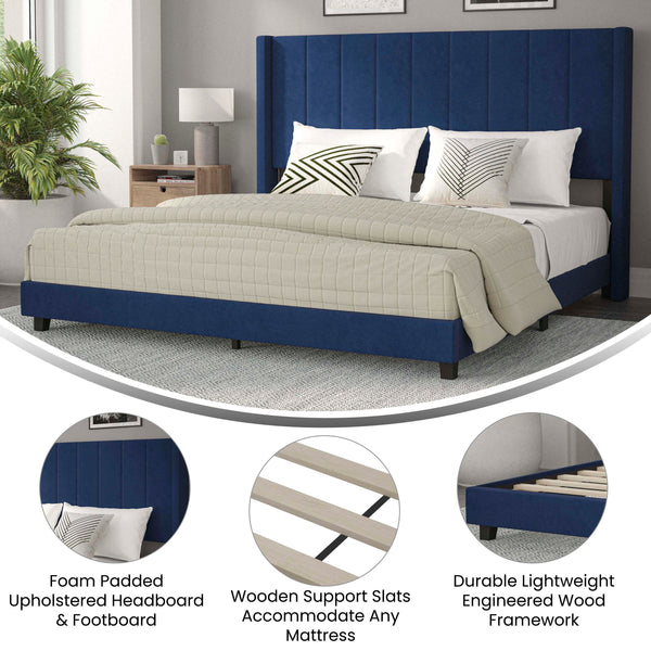 Navy Velvet,King |#| King Size Upholstered Platform Bed with Wingback Headboard - Navy Velvet