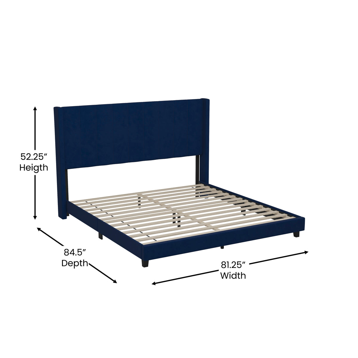 Navy Velvet,King |#| King Size Upholstered Platform Bed with Wingback Headboard - Navy Velvet