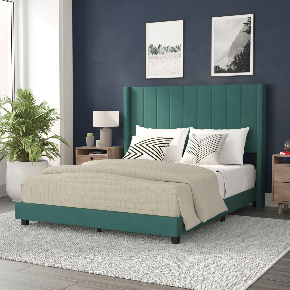 Emerald Velvet,Queen |#| Queen Size Upholstered Platform Bed with Wingback Headboard - Emerald Velvet