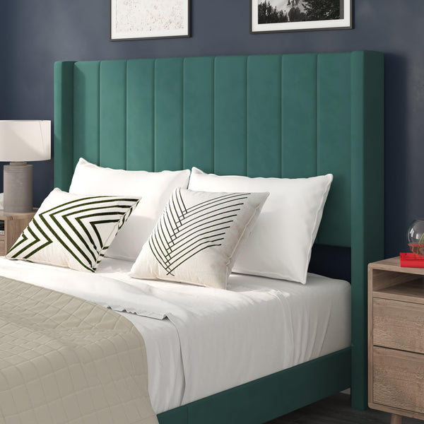 Emerald Velvet,Queen |#| Queen Size Upholstered Platform Bed with Wingback Headboard - Emerald Velvet