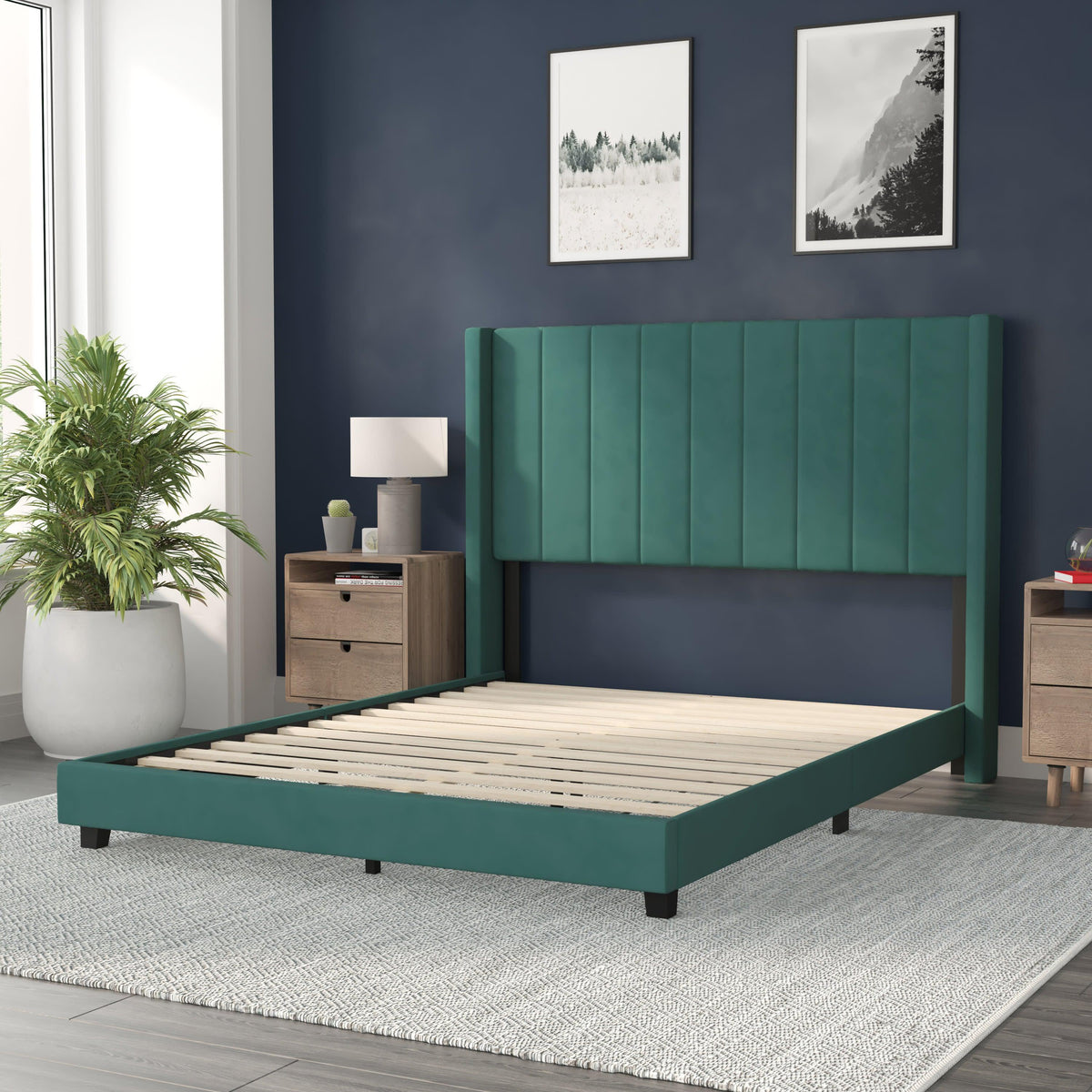 Emerald Velvet,Queen |#| Queen Size Upholstered Platform Bed with Wingback Headboard - Emerald Velvet