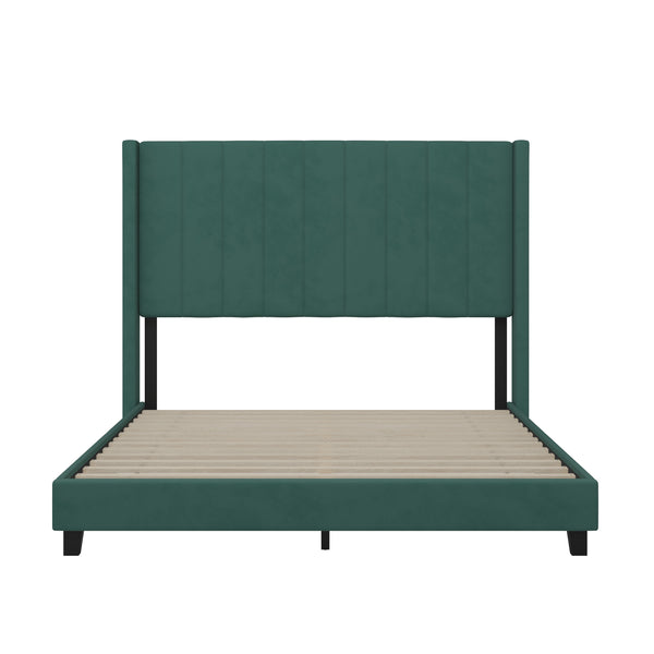 Emerald Velvet,Queen |#| Queen Size Upholstered Platform Bed with Wingback Headboard - Emerald Velvet