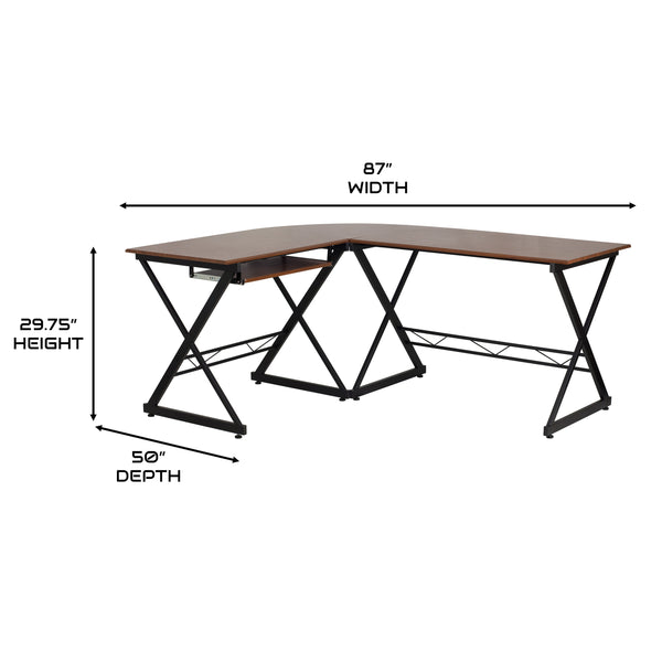 Teakwood Laminate L-Shape Computer Desk-Black Metal Frame-Pull-Out Keyboard Tray