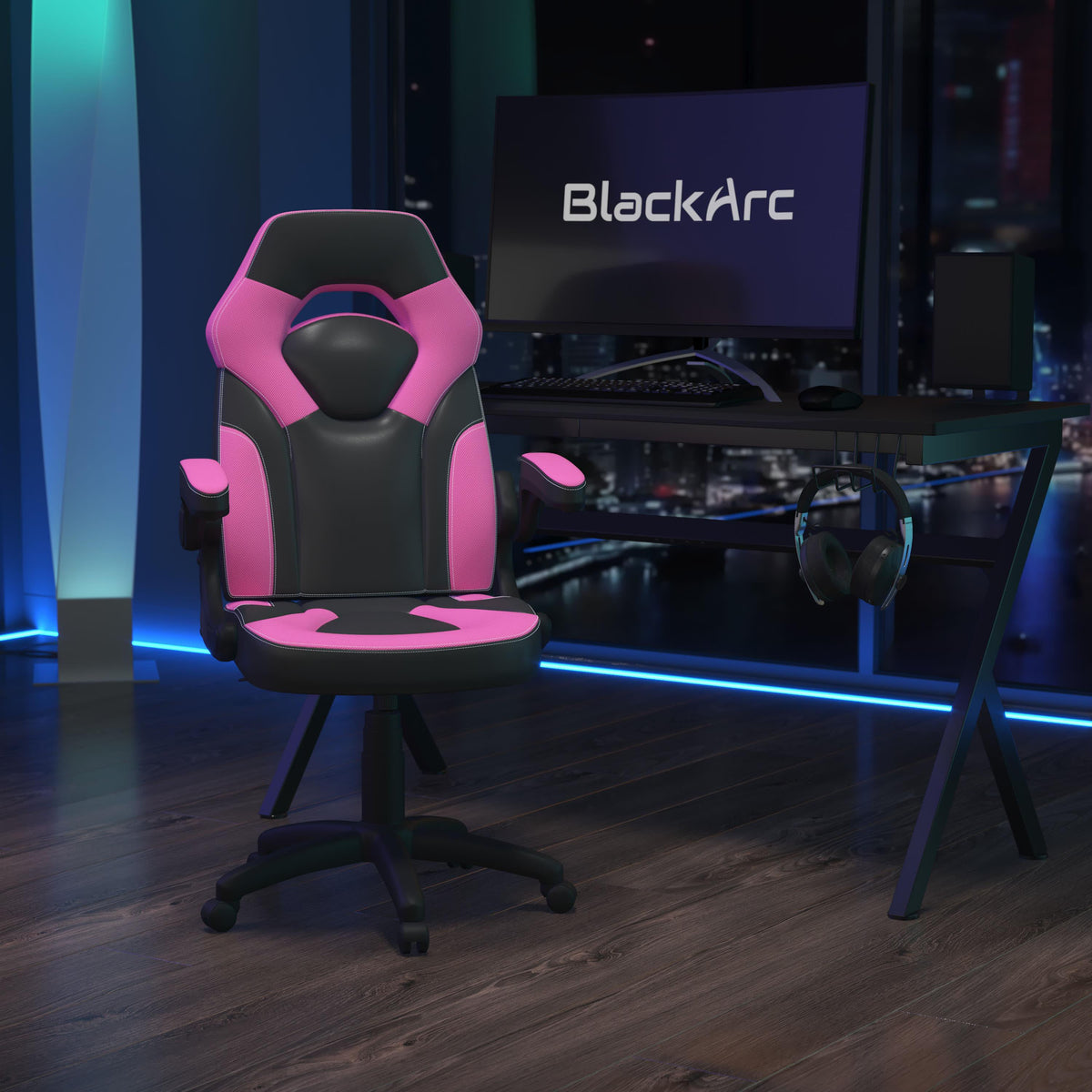 Pink |#| Ergonomic Pink and Black Computer Gaming Chair with Padded Flip-Up Arms