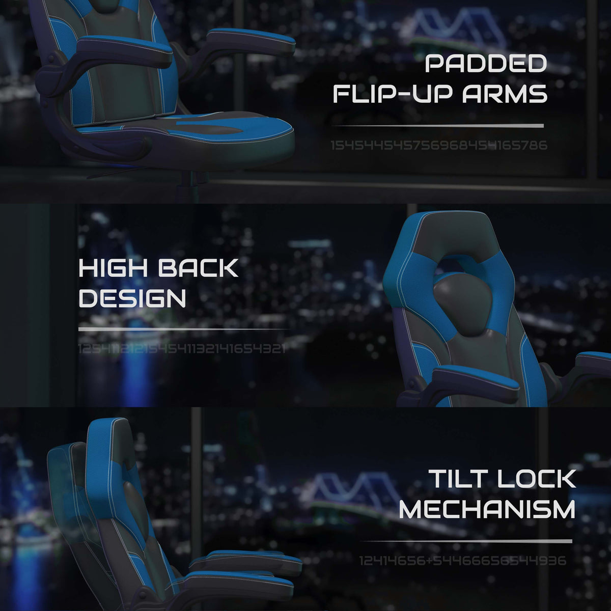 Blue |#| Ergonomic Blue and Black Computer Gaming Chair with Padded Flip-Up Arms