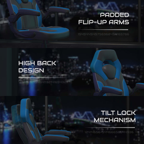 Blue |#| Ergonomic Blue and Black Computer Gaming Chair with Padded Flip-Up Arms