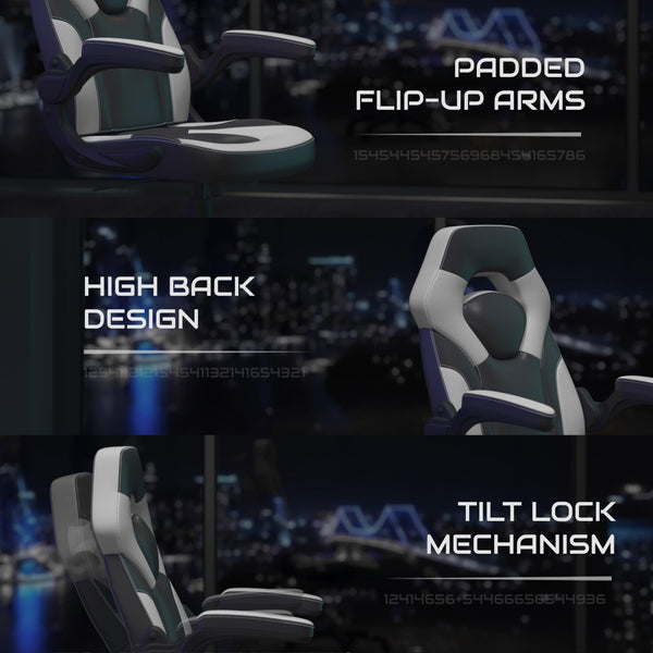 White |#| Ergonomic White and Black Computer Gaming Chair with Padded Flip-Up Arms