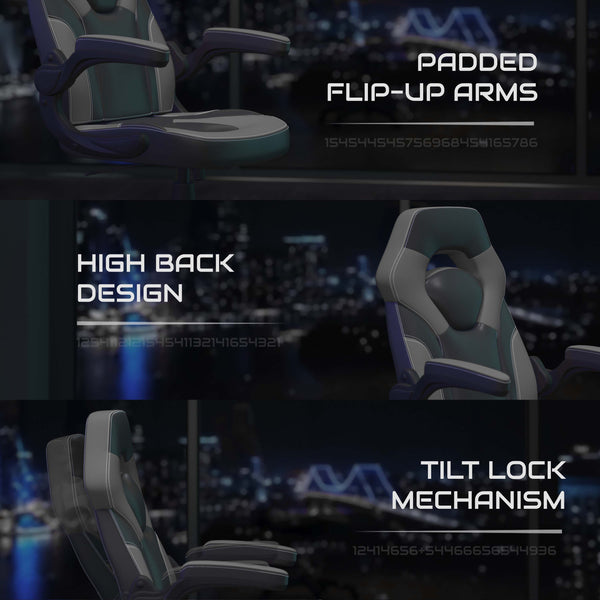 Gray |#| Ergonomic Gray and Black Computer Gaming Chair with Padded Flip-Up Arms