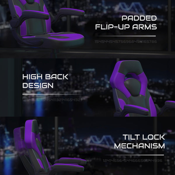 Purple |#| Ergonomic Purple and Black Computer Gaming Chair with Padded Flip-Up Arms