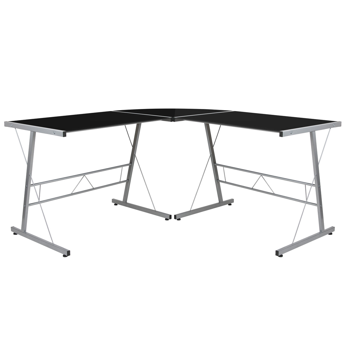 Black Top/Silver Frame |#| L-Shaped Corner Gaming Desk with Black Tempered Glass Top & Silver Steel Frame