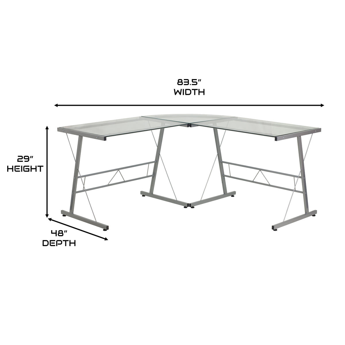 Clear Top/Silver Frame |#| L-Shaped Corner Gaming Desk with Clear Tempered Glass Top & Silver Steel Frame