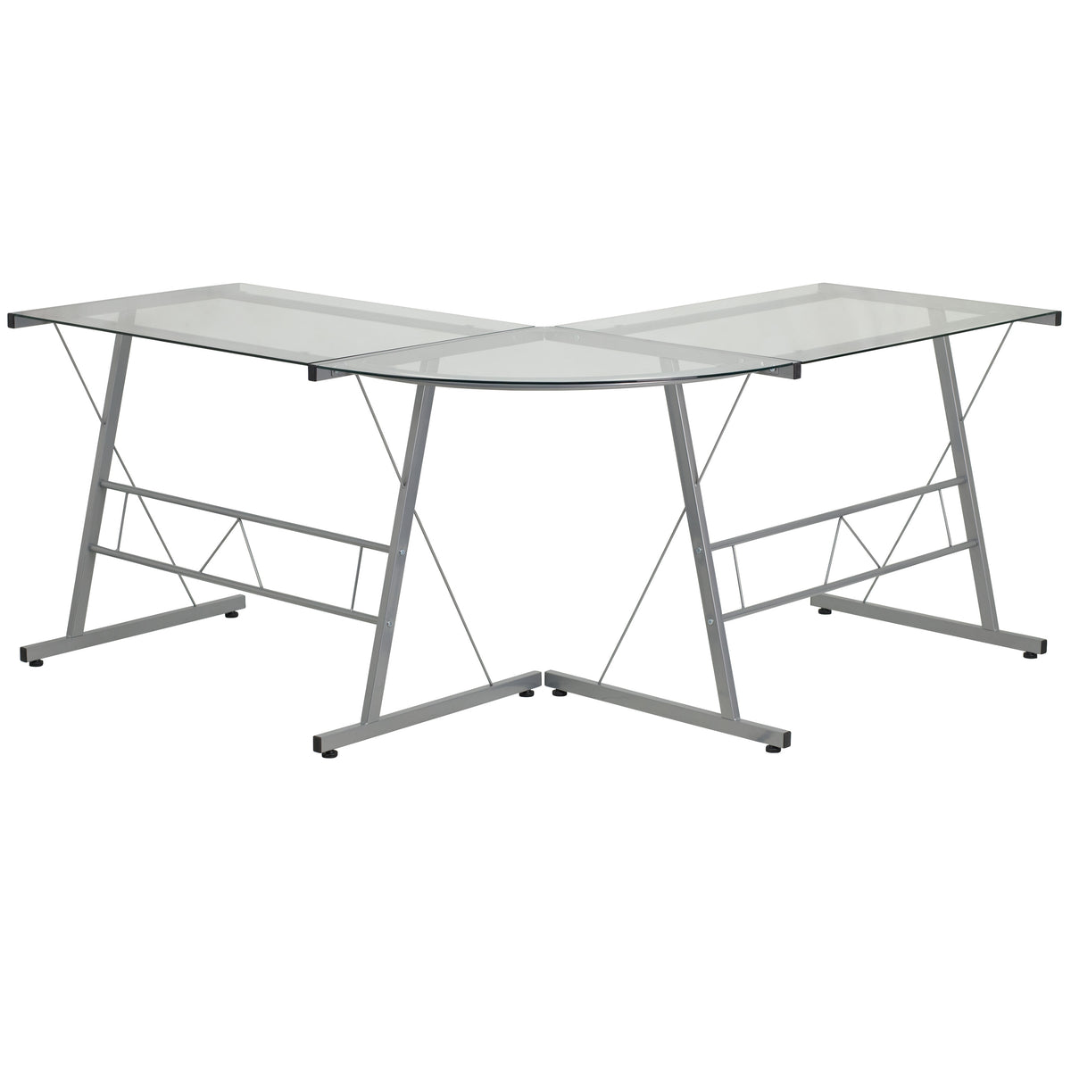 Clear Top/Silver Frame |#| L-Shaped Corner Gaming Desk with Clear Tempered Glass Top & Silver Steel Frame