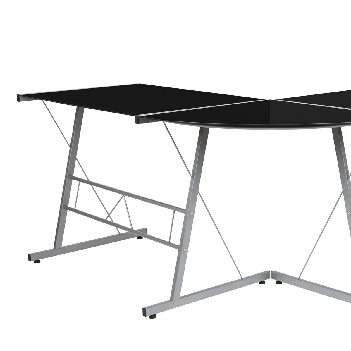 Black Top/Silver Frame |#| L-Shaped Corner Gaming Desk with Black Tempered Glass Top & Silver Steel Frame