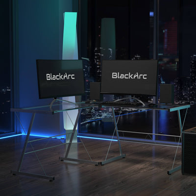 L-Shaped Corner Gaming Desk with Tempered Glass Top & Steel Frame - View 2