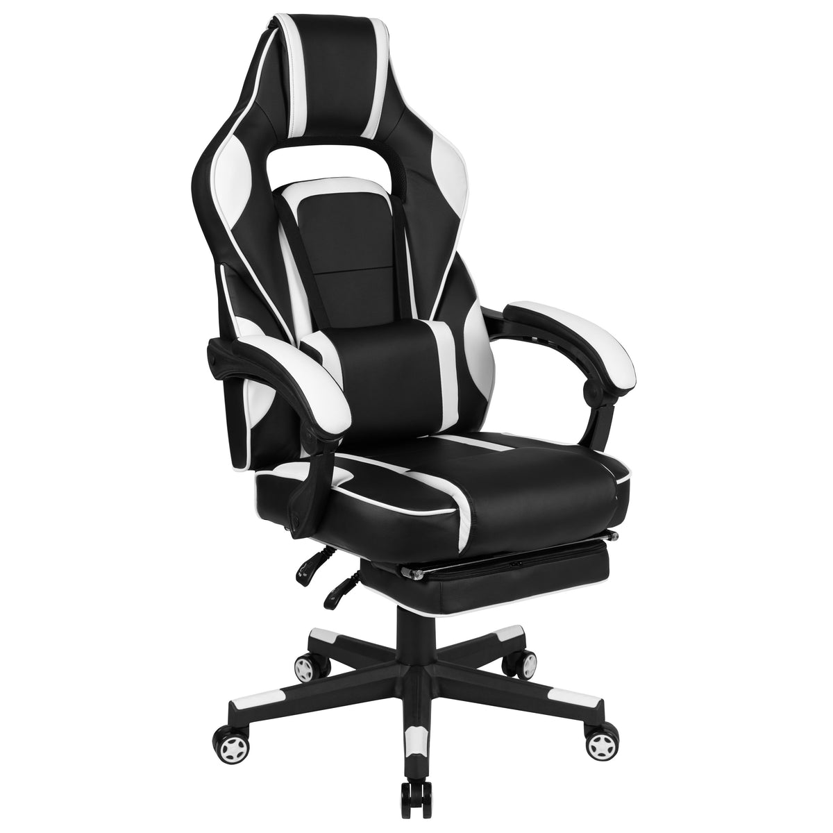 Black with White Trim |#| Fully Reclining Gaming Chair with Slideout Footrest, Lumbar Massage-Black/White