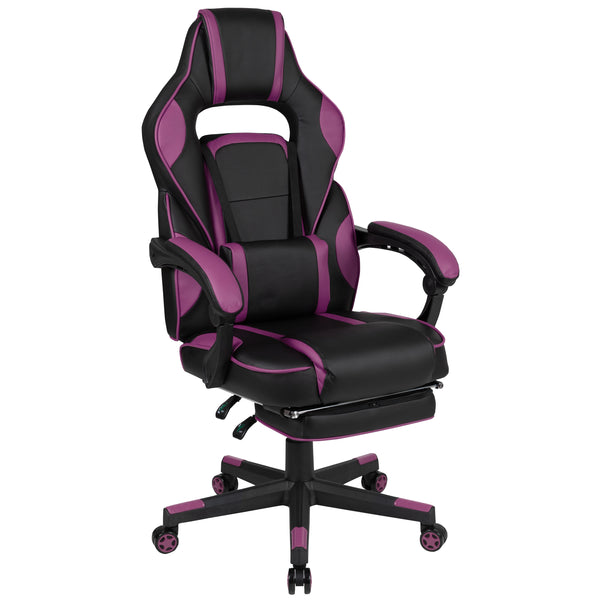 Black with Purple Trim |#| Fully Reclining Gaming Chair with Slideout Footrest, Lumbar Massage-Black/Purple