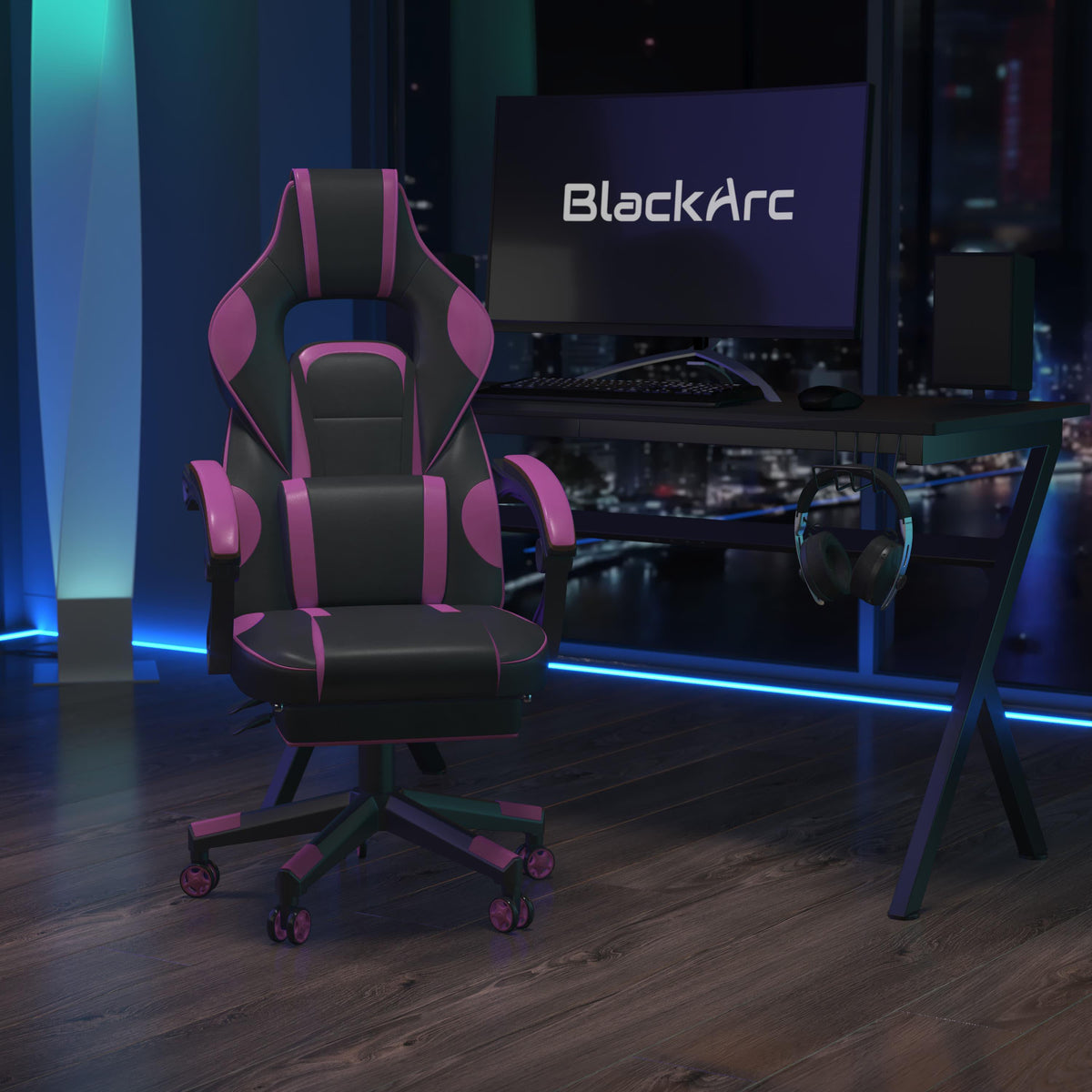 Black with Purple Trim |#| Fully Reclining Gaming Chair with Slideout Footrest, Lumbar Massage-Black/Purple