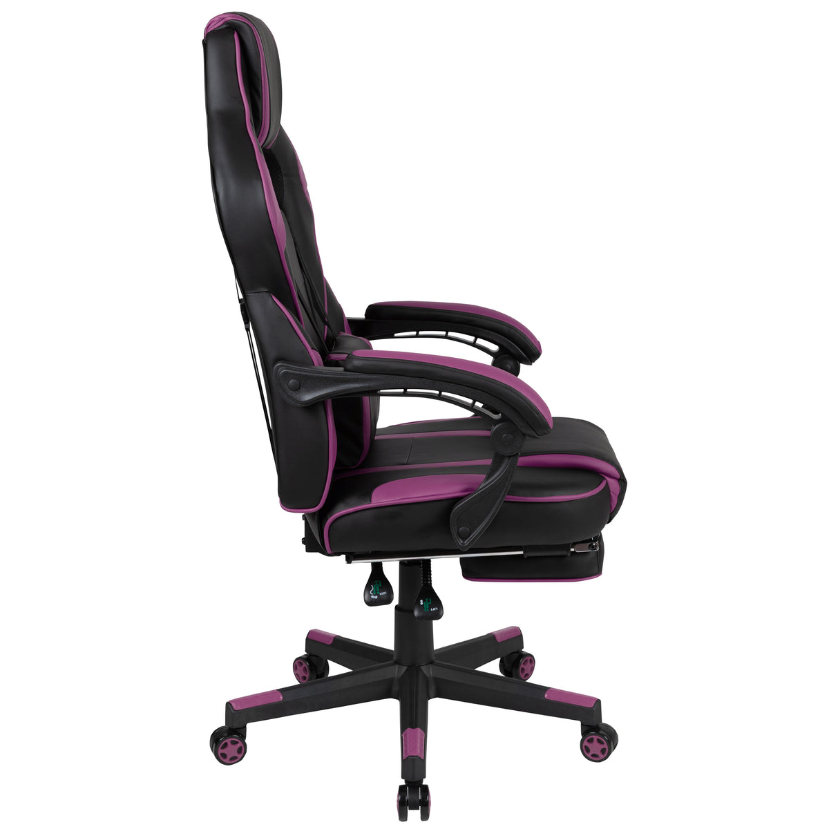 Black with Purple Trim |#| Fully Reclining Gaming Chair with Slideout Footrest, Lumbar Massage-Black/Purple