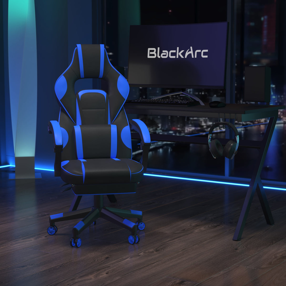 Black with Blue Trim |#| Fully Reclining Gaming Chair with Slideout Footrest, Lumbar Massage-Black/Blue