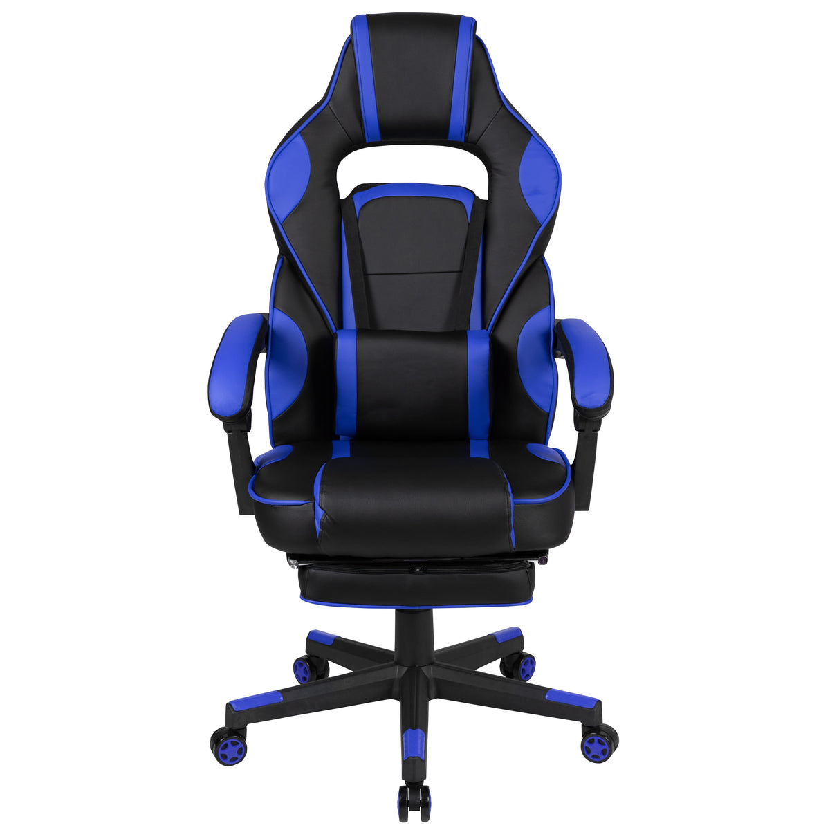 Black with Blue Trim |#| Fully Reclining Gaming Chair with Slideout Footrest, Lumbar Massage-Black/Blue