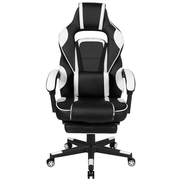 Black with White Trim |#| Fully Reclining Gaming Chair with Slideout Footrest, Lumbar Massage-Black/White