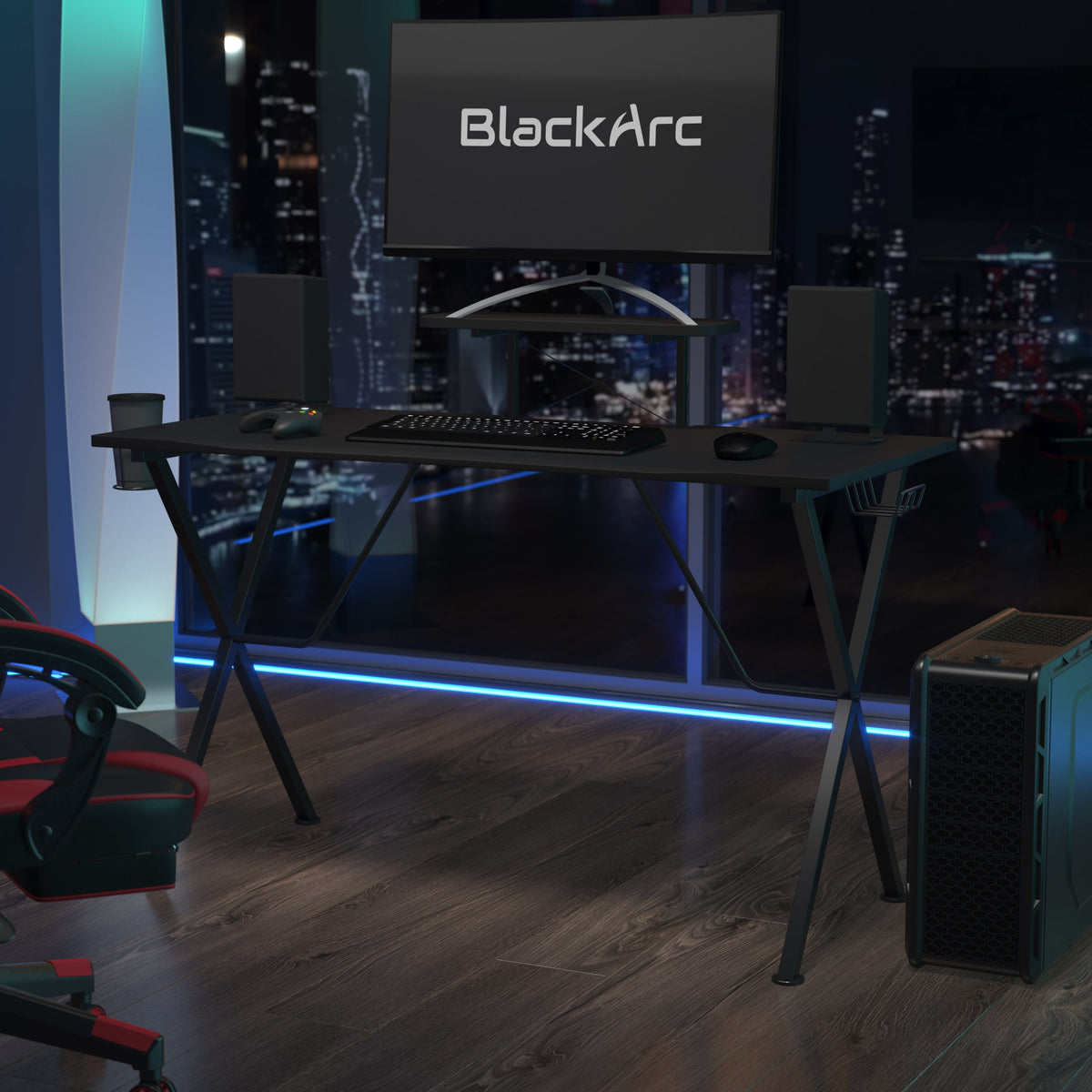 Black Top/Black Frame |#| Gaming Desk with Cupholder, Headphone Hook and Smartphone/Monitor Stand - Black