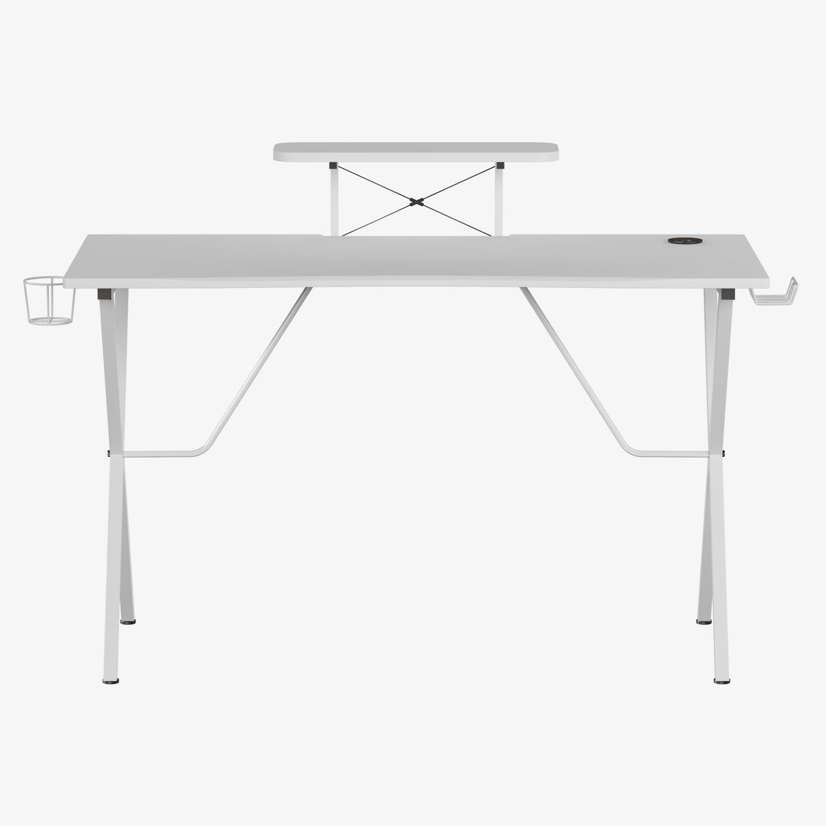 White Top/White Frame |#| Gaming Desk with Cupholder, Headphone Hook and Smartphone/Monitor Stand - White