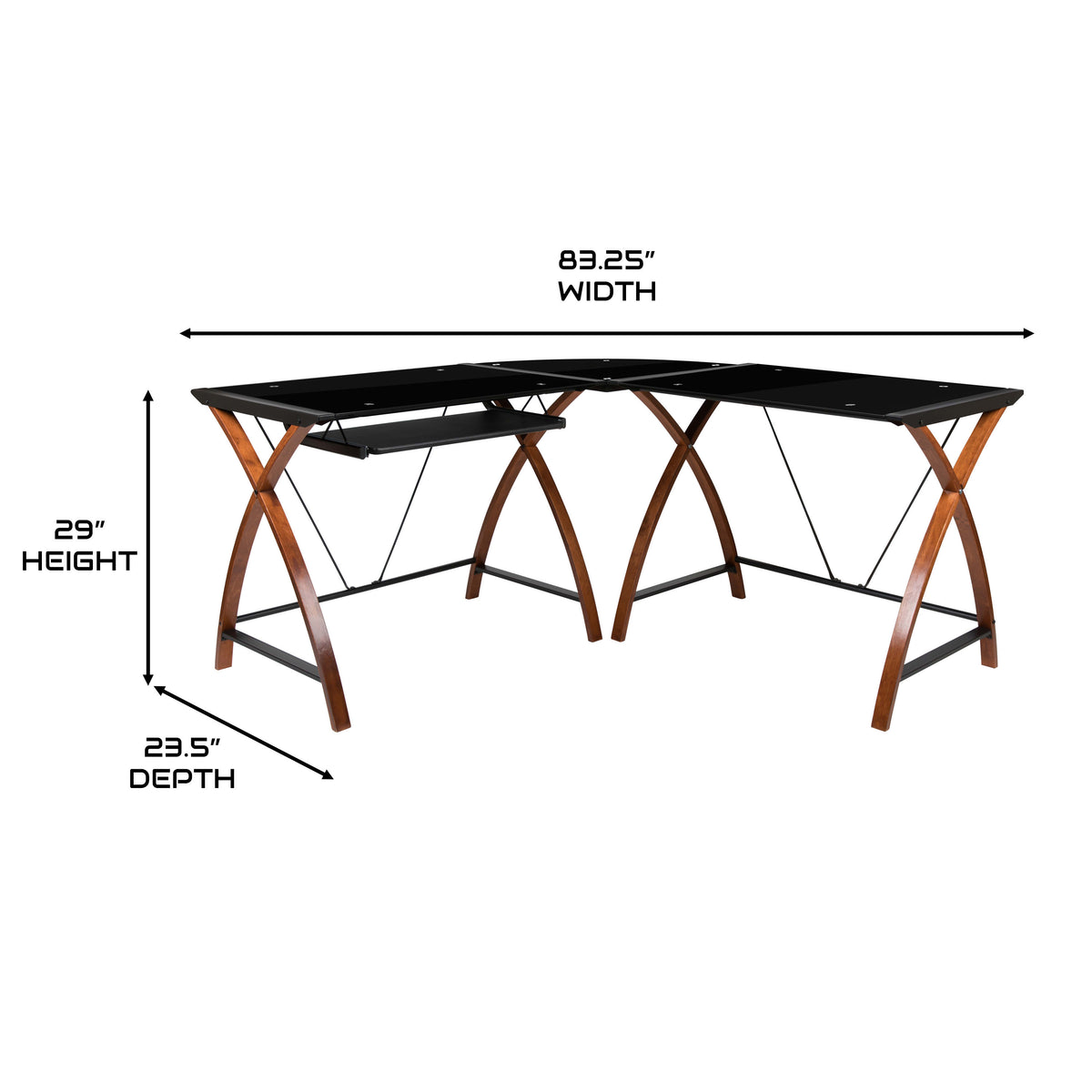 Black Top/Cherry Frame |#| L-Shaped Gaming Desk-Black Glass Top-Crisscross Cherry Wood Legs-Keyboard Tray