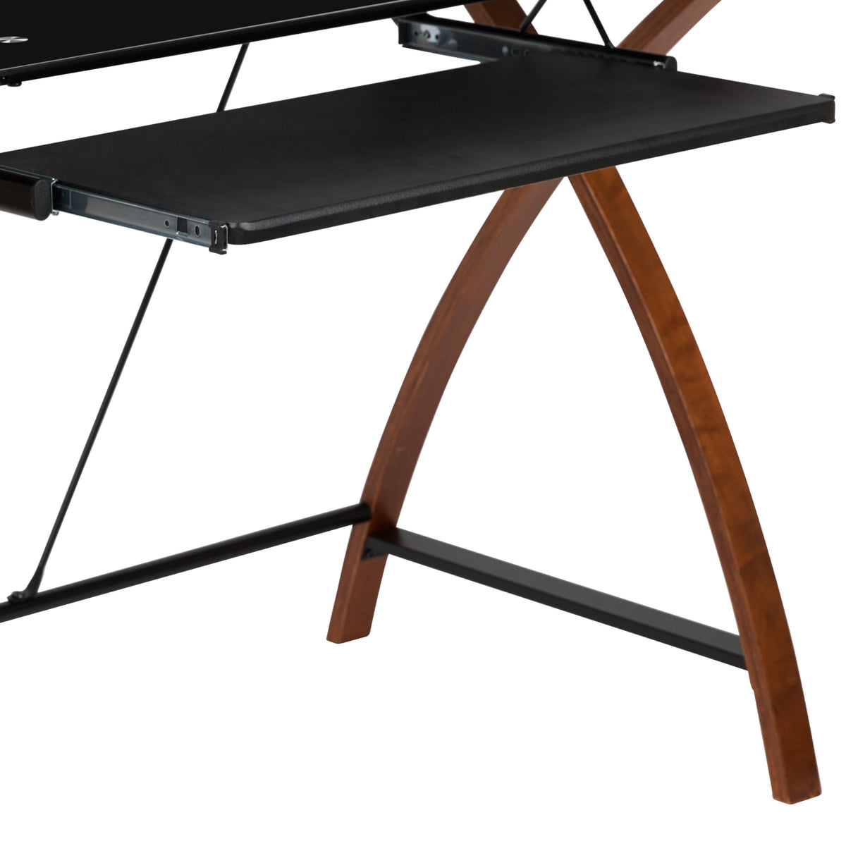 Black Top/Cherry Frame |#| L-Shaped Gaming Desk-Black Glass Top-Crisscross Cherry Wood Legs-Keyboard Tray