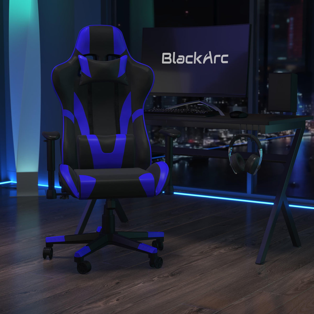 Blue |#| Reclining 360° Swivel Gamers Chair-Black & Blue Faux Leather - Adjustable Arms