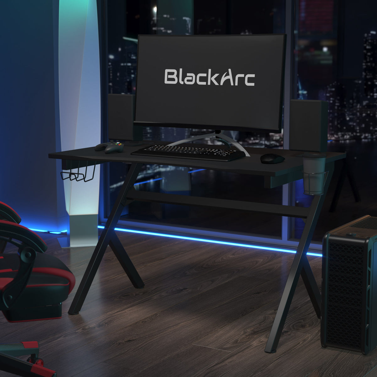 Self-Leveling Black Carbon Fiber Gaming Desk-Detachable Cupholder-Headphone Hook