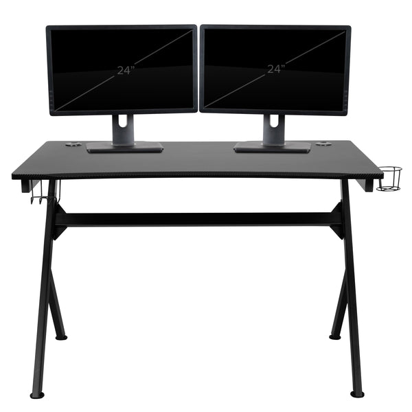 Self-Leveling Black Carbon Fiber Gaming Desk-Detachable Cupholder-Headphone Hook