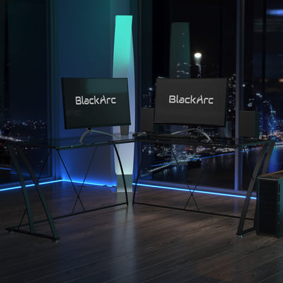 BlackArc Legion 9ine Gaming Desk with Glass Top and Powder Coated Metal Frame - L-Shaped - Tempered Glass