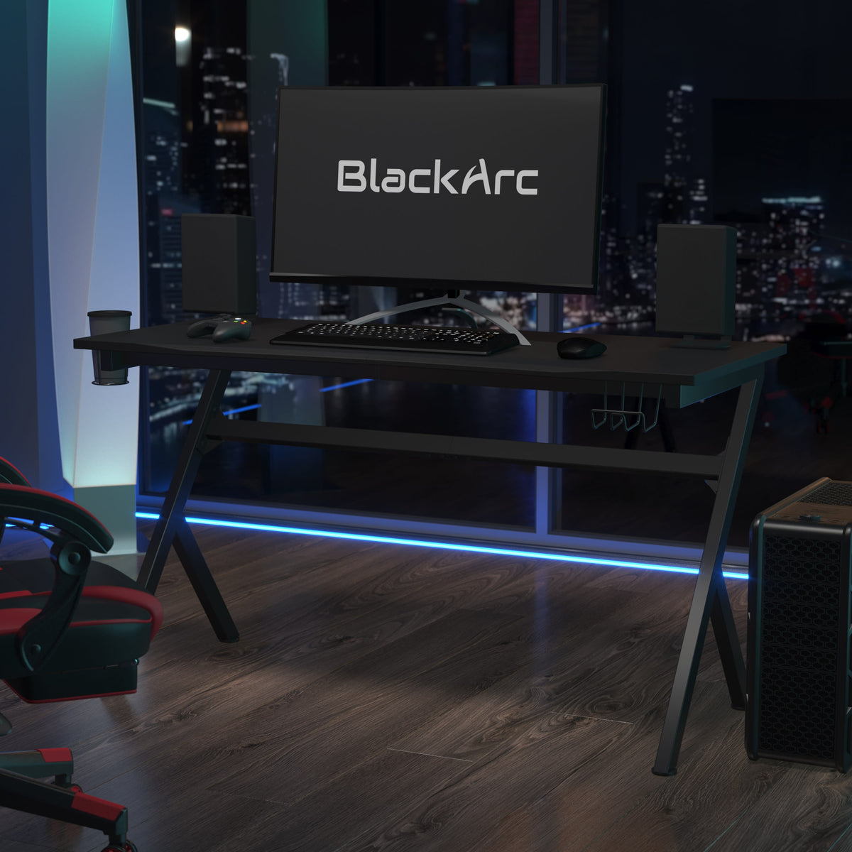 Black Gaming Desk-Removable Mousepad Top - Detachable Cupholder - Headphone Hook