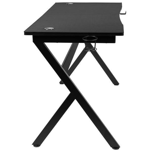 Black Gaming Desk-Removable Mousepad Top - Detachable Cupholder - Headphone Hook