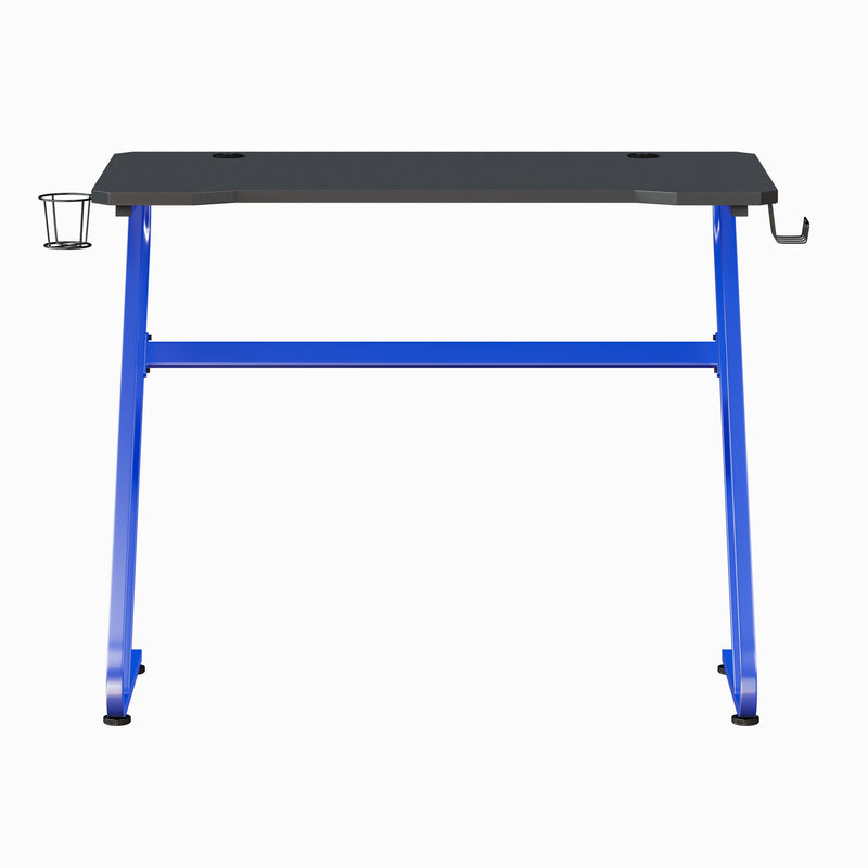 Blue |#| Gaming Desk with Black Laminate Top, Blue Steel Frame-Cupholder-Headphone Hook