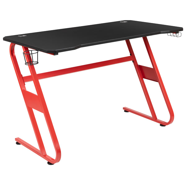 Red |#| Gaming Desk with Black Laminate Top, Red Steel Frame-Cupholder-Headphone Hook