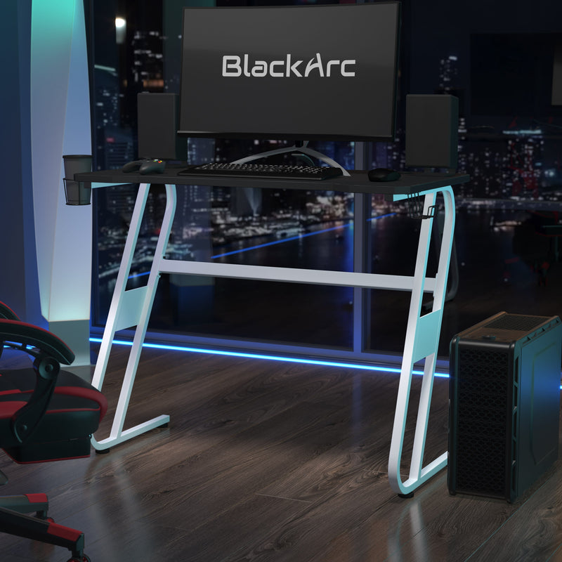 White |#| Gaming Desk with Black Laminate Top, White Steel Frame-Cupholder-Headphone Hook