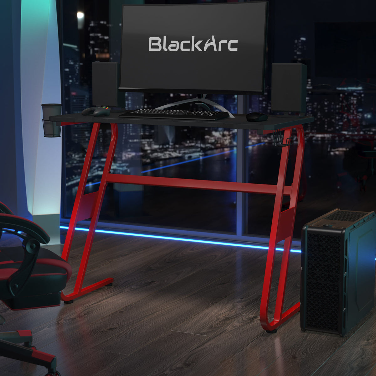 Red |#| Gaming Desk with Black Laminate Top, Red Steel Frame-Cupholder-Headphone Hook